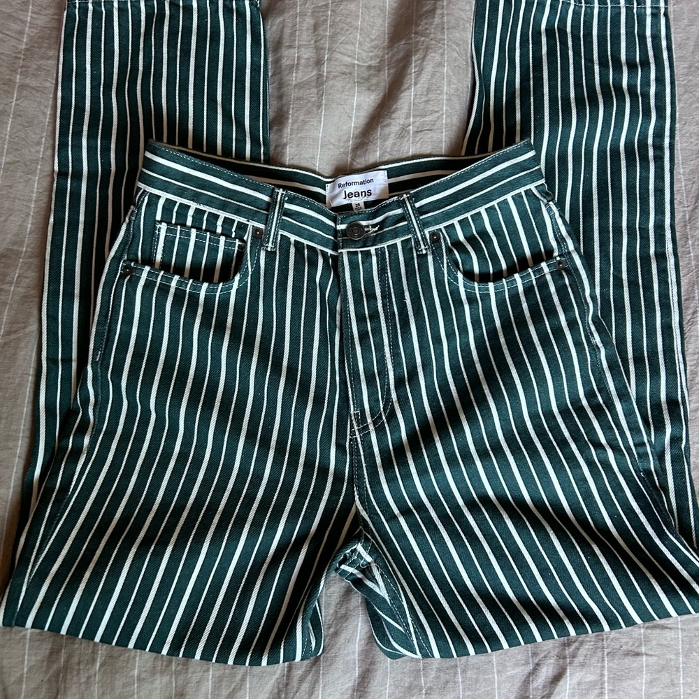 Reformation Green Striped Cynthia Jeans